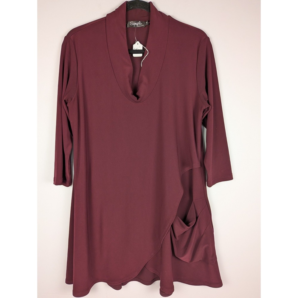 NEW Sympli Maroon Tunic Scoop Neck with Cross Detail and Pocket Size 12
